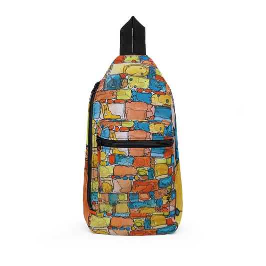 Indigenous Brick Pattern Sling Bag — Nature Trail/Urban Street Art Crossbody Pack